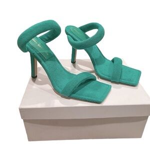 Good American Green Terry Size 10.5 Gold Heel NWT Slip On High Heel Sandals